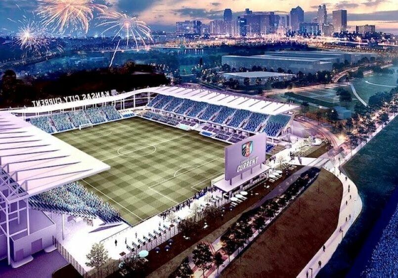 Rendering of the KC Current stadium with the downtown skyline in the background.