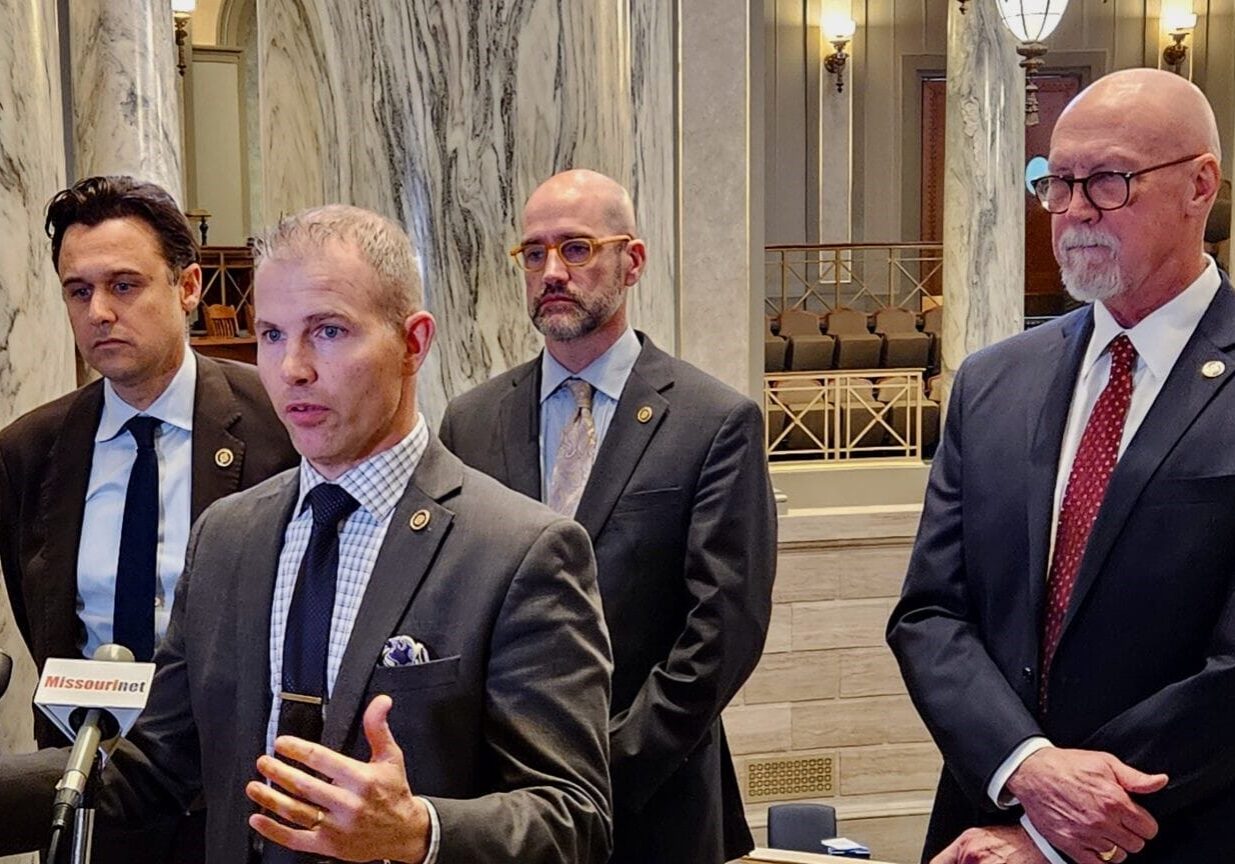 Sen. Rick Brattin, R-Harrisonville, was joined by, from left, Sens. John Rizzo, D-Independence, Greg Razer, D-Kansas City, and Mike Cierpiot, R-Lee's Summit, at a news conference to discuss a moratorium on landfill development in Kansas City last spring.