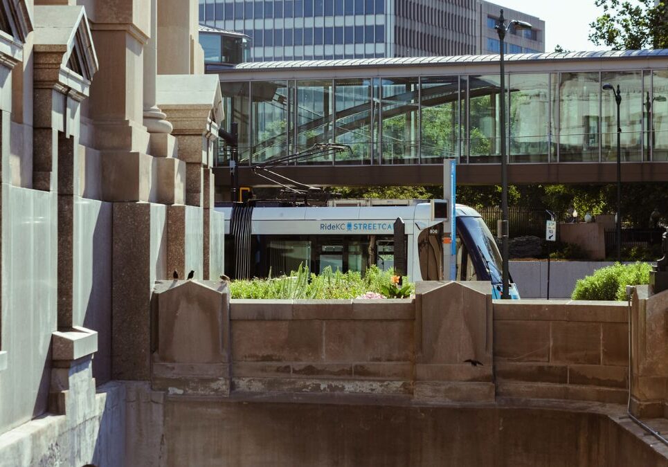 A KC Streetcar passing Union Station on Main Street.