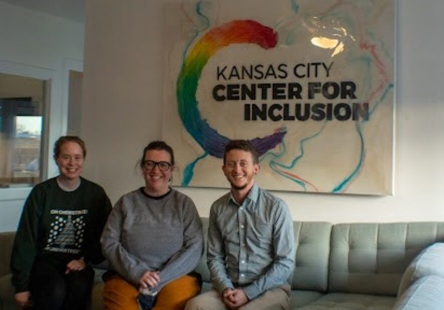 Staff members from Kansas City Center for Inclusion include: Ashley Burden (she/her), Interim Center Coordinator Emily Ferrarini (They/Them) and Vice President Riley Long (he/him).