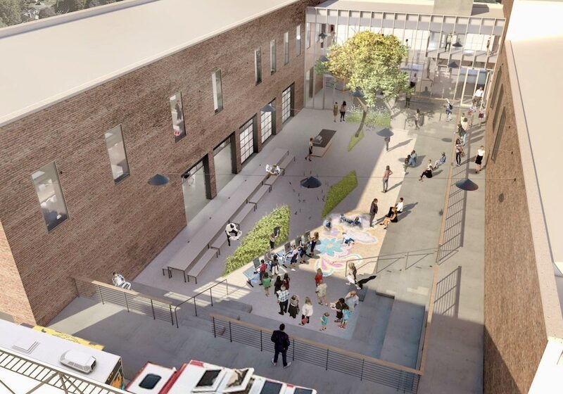 One of the existing buildings at Kansas City PBS will be demolished to make way for this open courtyard space.