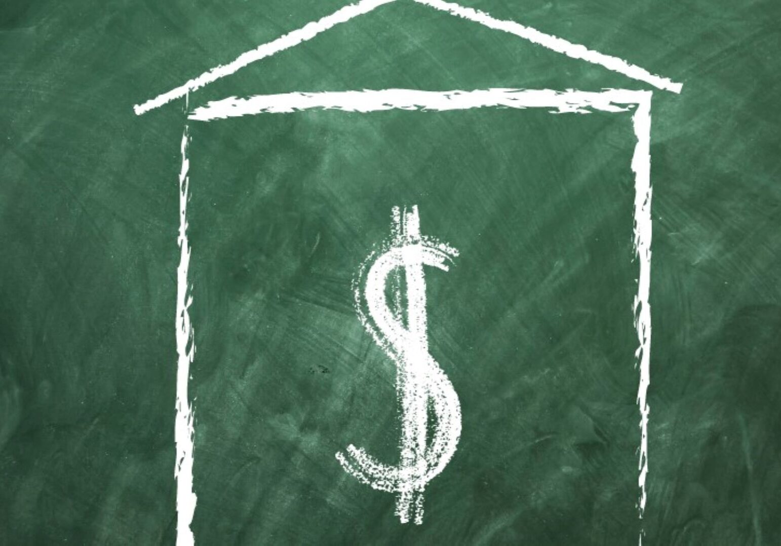 School house and a dollar sign on a chalkboard.
