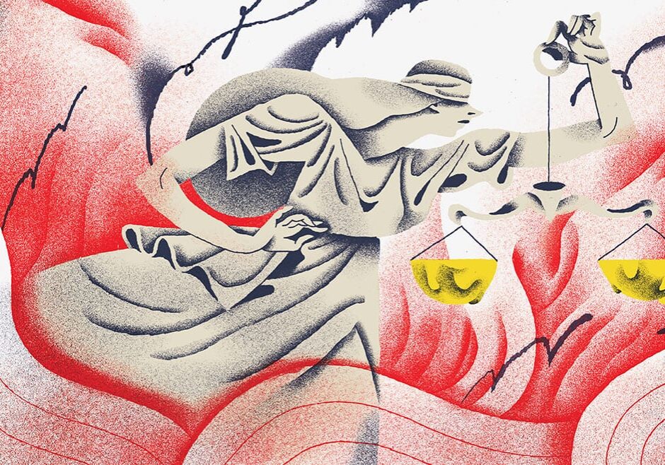 Illustration of Lady Justice with scales surrounded by flames