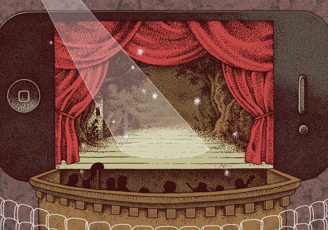 Illustration of smartphone with old time stage on screen