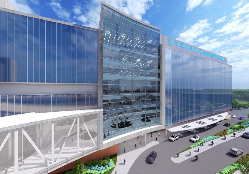 The rendering above depicts the 10-story “signature facility” the University of Kansas Cancer Center plans to build on the KU medical campus in Kansas City, Kansas.