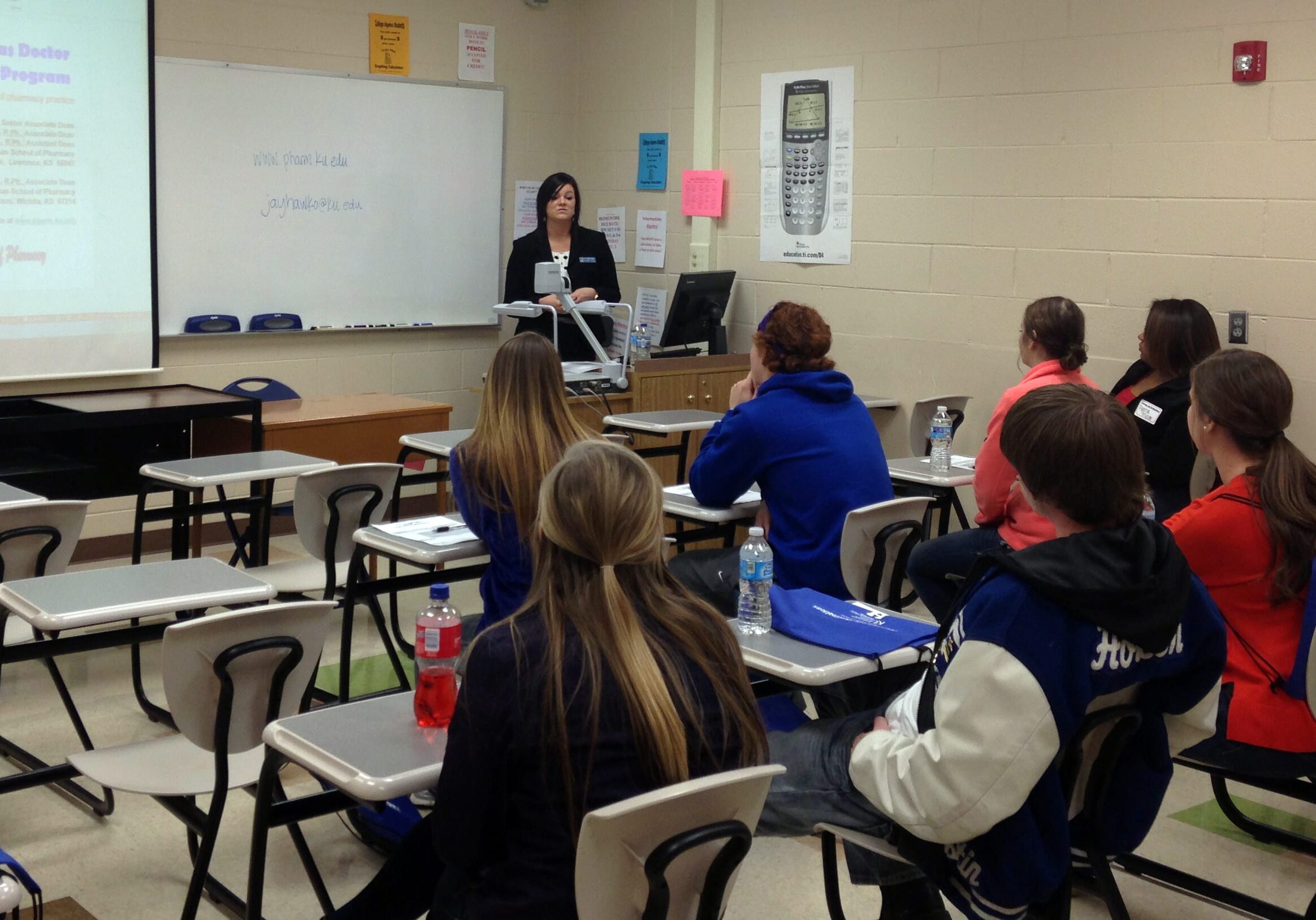 Traci Olberding, a University of Kansas pharmacy student from Atchison, speaks to a group of northeast Kansas high school students. (Photo by Andy Marso/KHI News Service)