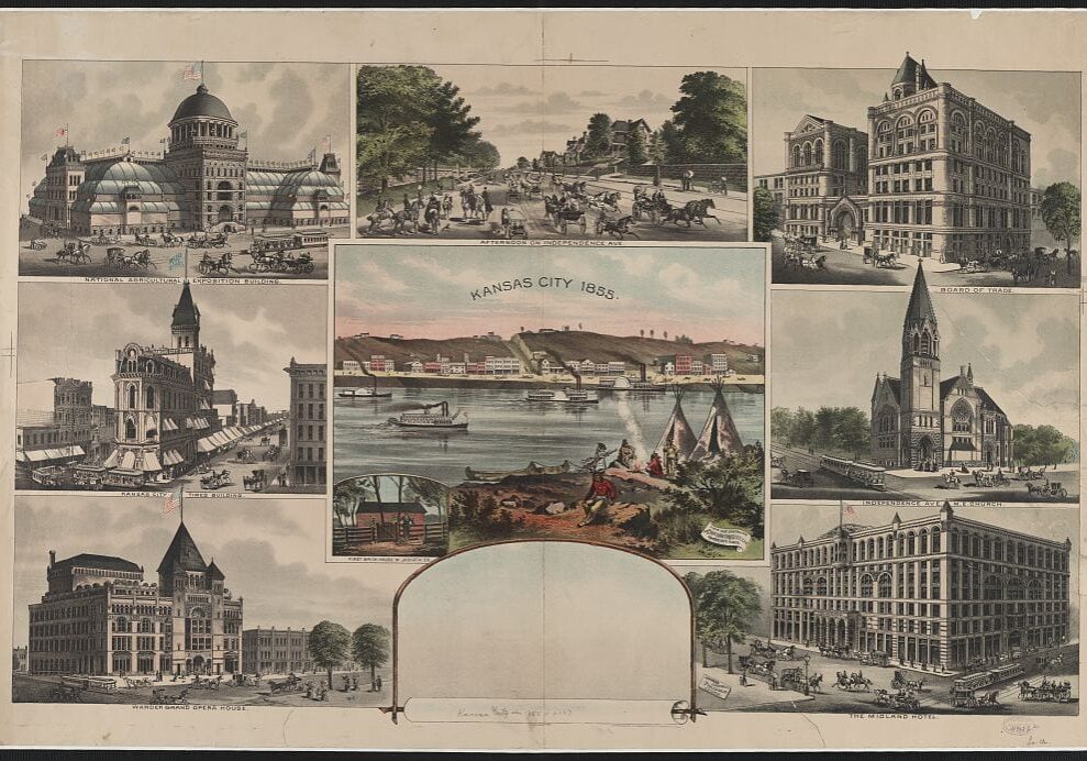 Print showing view of Kansas City as it looked in 1855 and bird's-eye views of several buildings present in Kansas City in 1887. (Contributed | Library of Congress)
