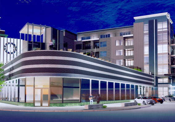 Rendering of renovated Katz Drug Store with apartment building behind it.
