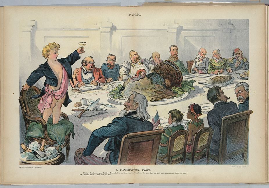 Udo Keppler's drawing "Thanksgiving Toast" illustrates well how holiday dinners can be when family members with differing views come together.