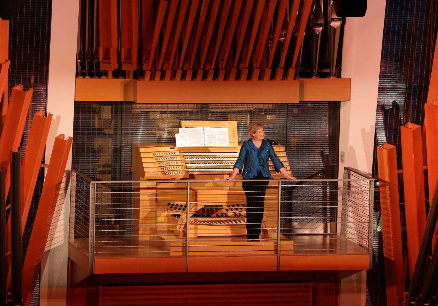 Jan Kraybill with the Julia Irene Kauffman Casavant Organ