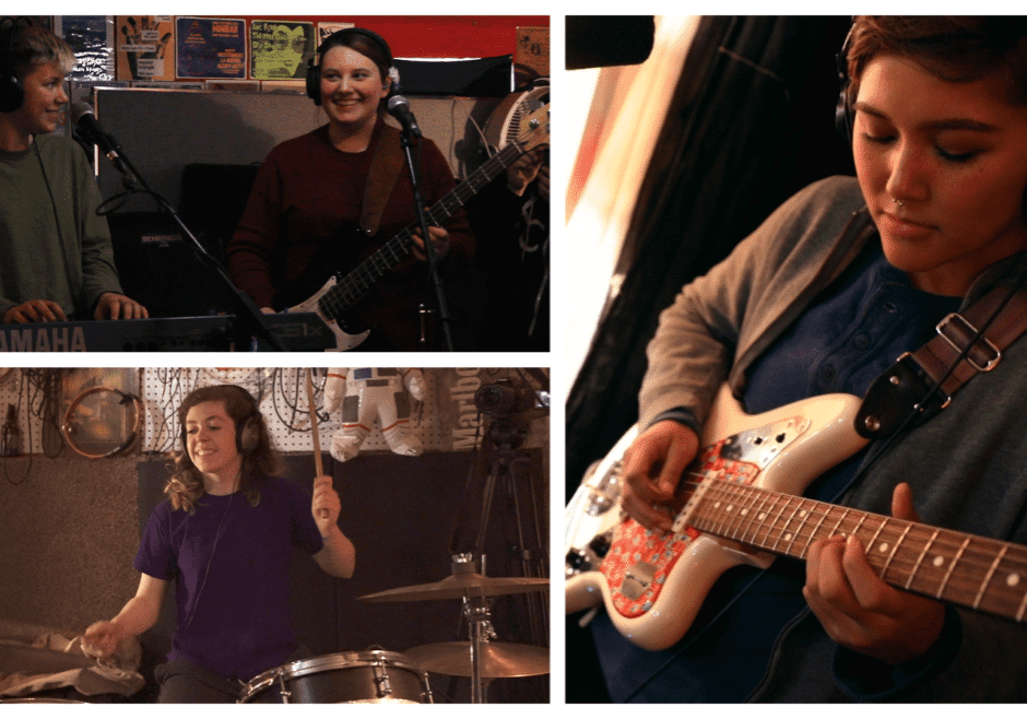 A collage of images with teenagers playing music.