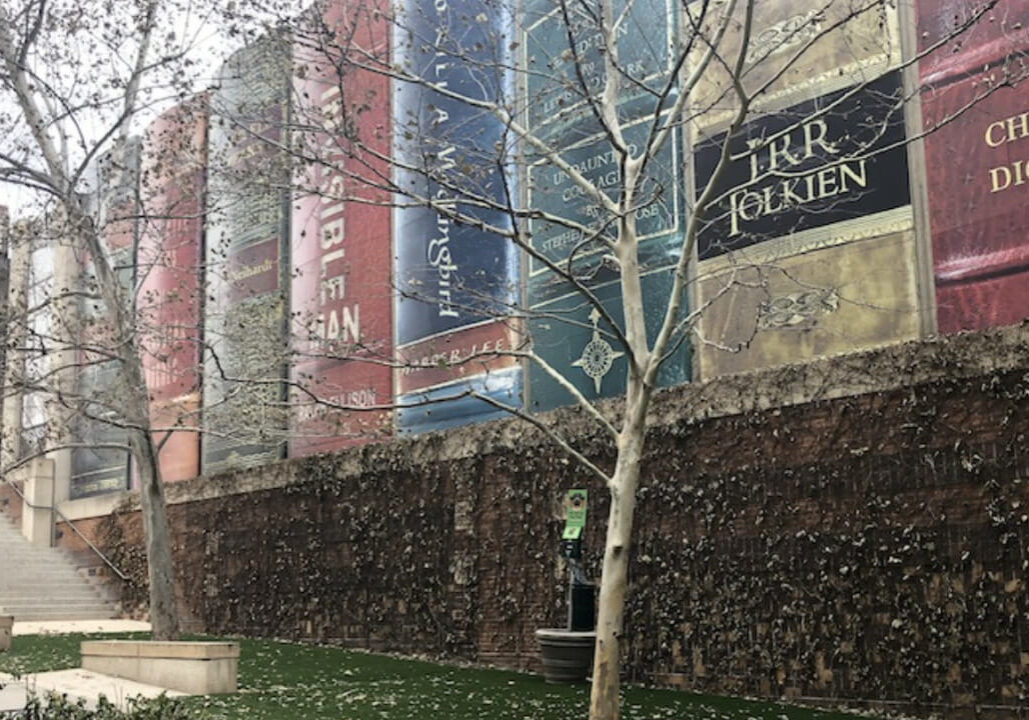 The parking garage at the Kansas City Public Library in downtown Kansas City features the spines of classic books.