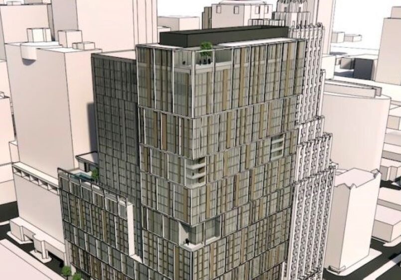 Rendering of a 30-story apartment and hotel building next to the historic Power & Light Building.