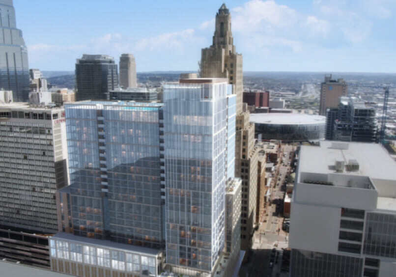 A view of the proposed Lux Living tower at 14th and Wyandotte looking east.