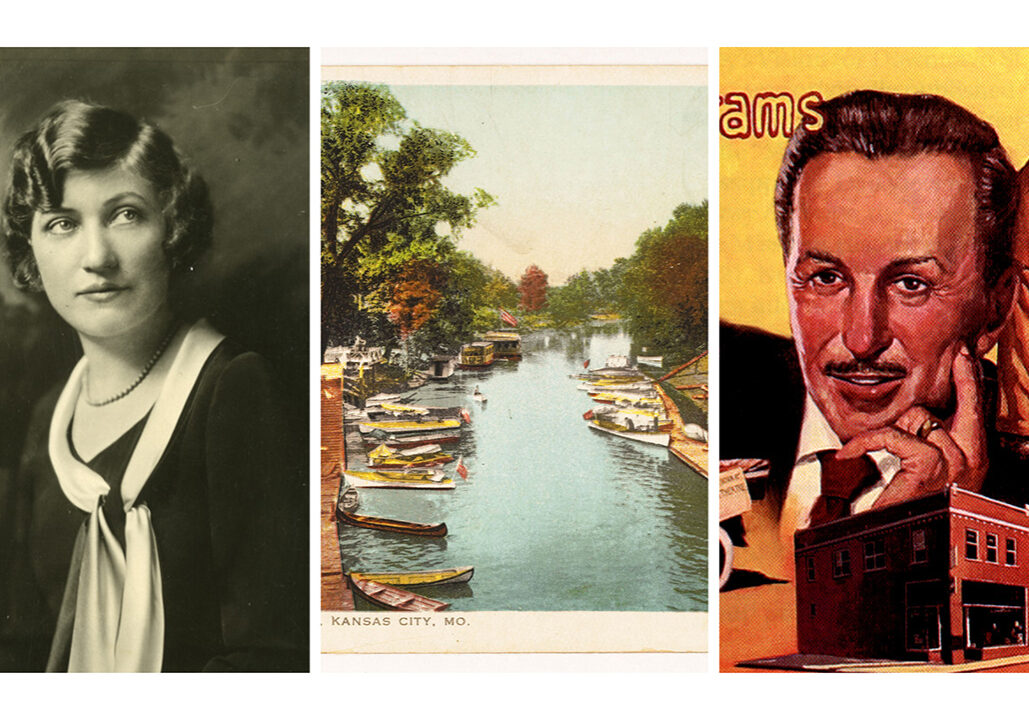 Nell Donnelly Reed, the Missouri River and Walt Disney pictured here represent the four questions up for a vote in the March 2021 curiousKC voting round.