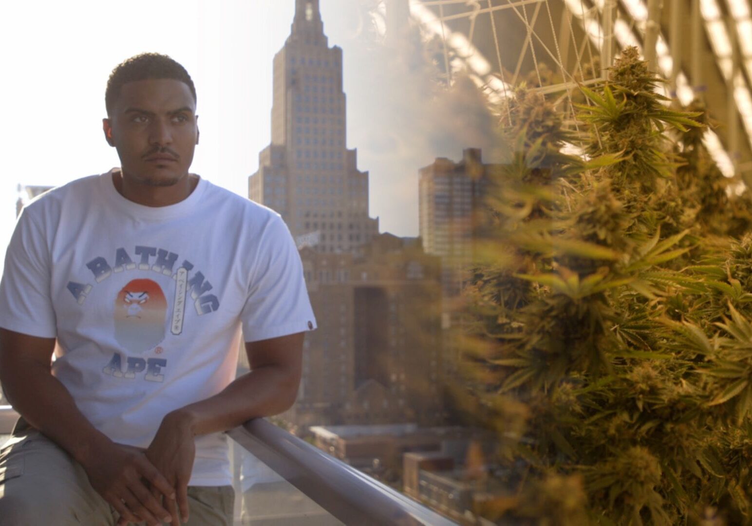 Donte Westmoreland on a balcony overlooking downtown Kansas City.