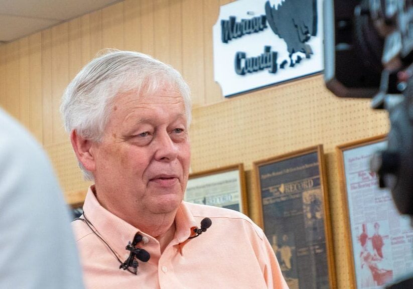 Marion County Record publisher Eric Meyer talks to reporters during an Aug. 16, 2023, news conference in his newsroom.
