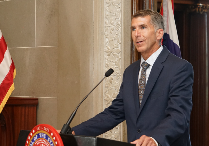 Donald Kauerauf, the director of the Department of Health and Senior Services, speaks during a press conference at the Missouri Capitol in Jefferson City on July 21, 2021