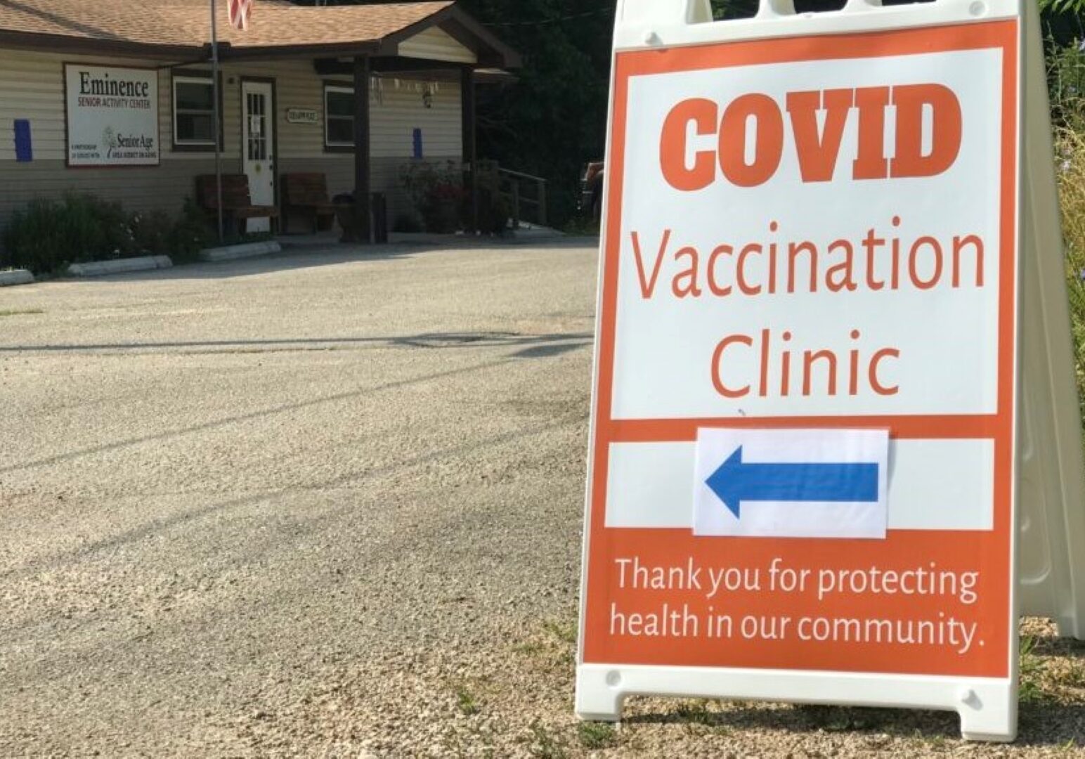 A sign marks the entrance to the a drive-through COVID-19 vaccine clinic at the Shannon County Health Center on July 8, 2021.