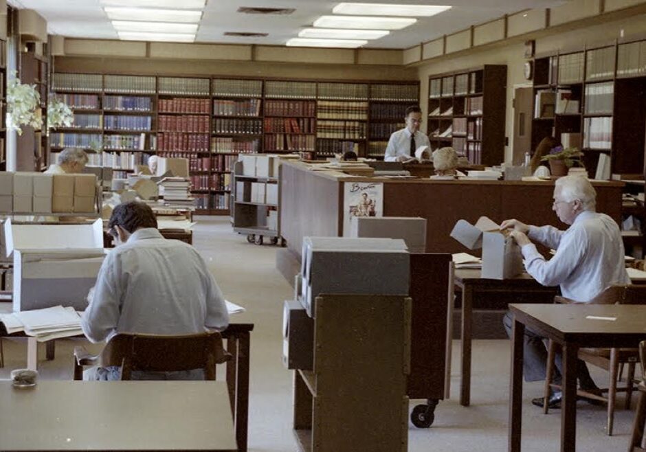 David McCullough (at right), when not in the Truman Library research room, would seek out then-living Harry Truman contemporaries across the Kansas City area for interviews.