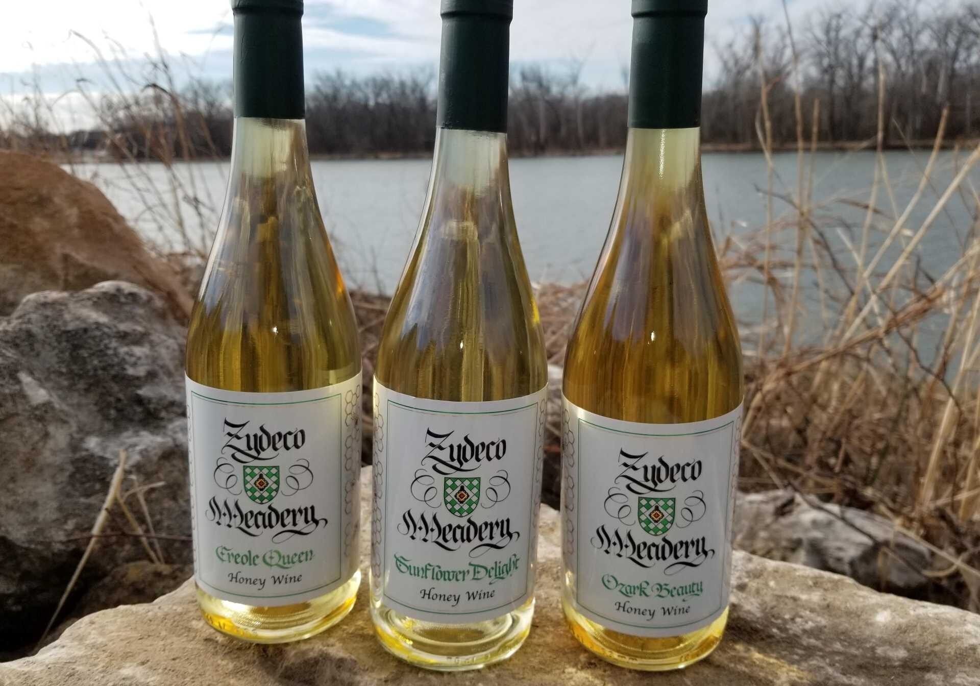 Three bottles of mead produced by Zydeco Meadery in Wamego, Kansas. , Kansas.