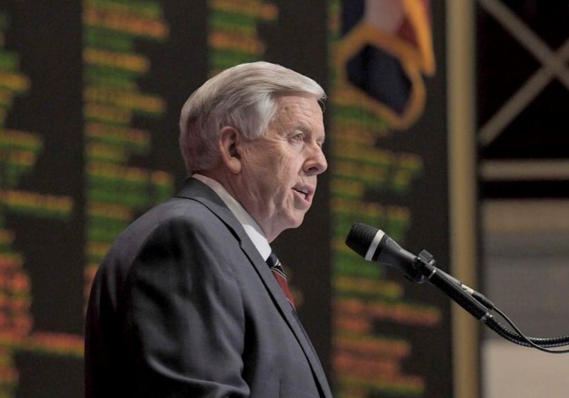 Missouri Gov. Mike Parson delivers a speech.