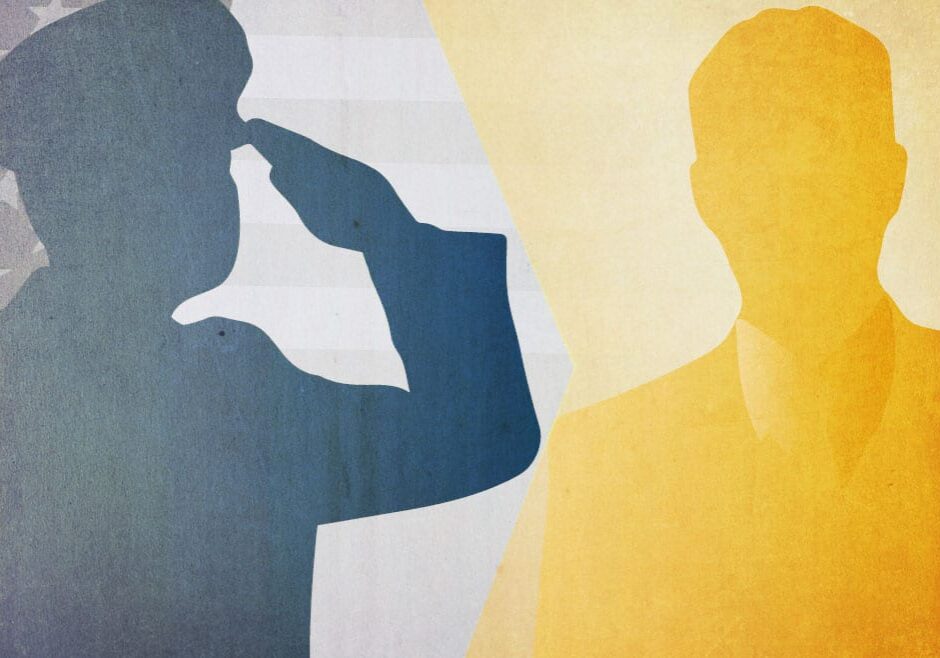 Silhouettes of military uniformed man saluting with arrow to businessman