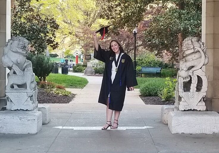 Juliana Tornabene poses underneath the journalism school at the University of Missouri-Columbia on Saturday, April 24, 2021.