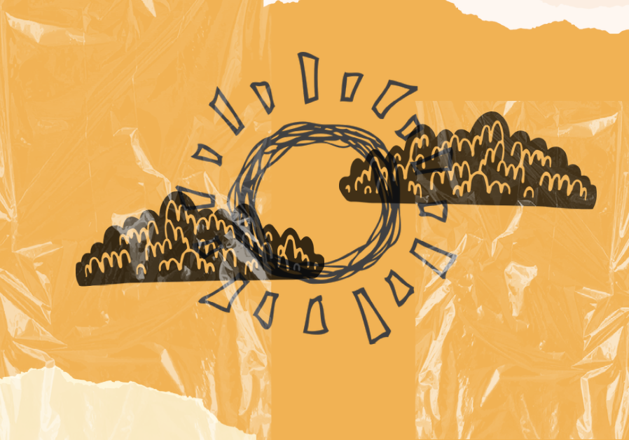 Orange background with a sketched sun covered up by clouds