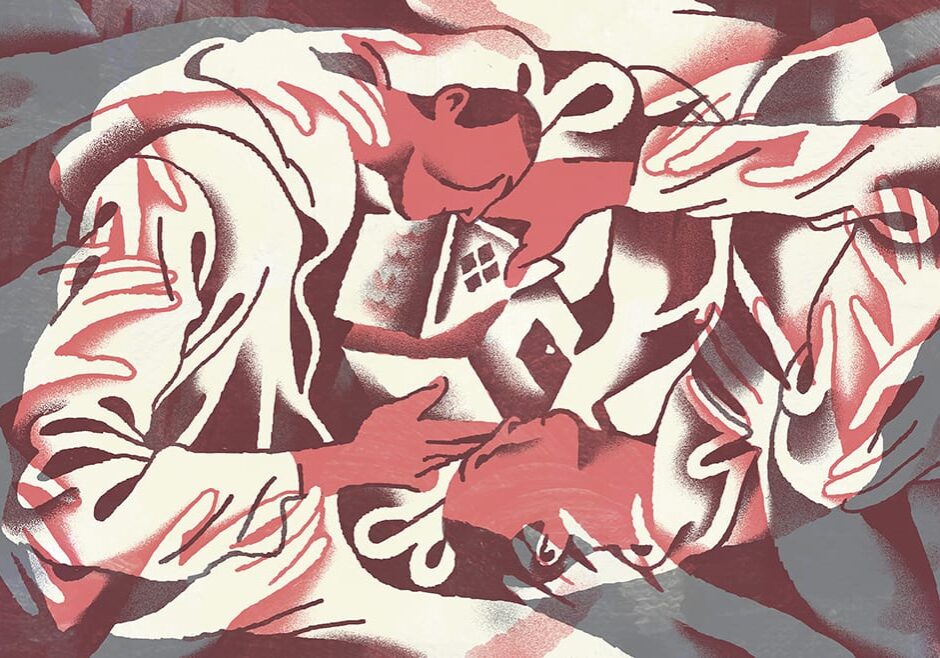 illustration of two figures and many hands mending a broken home.