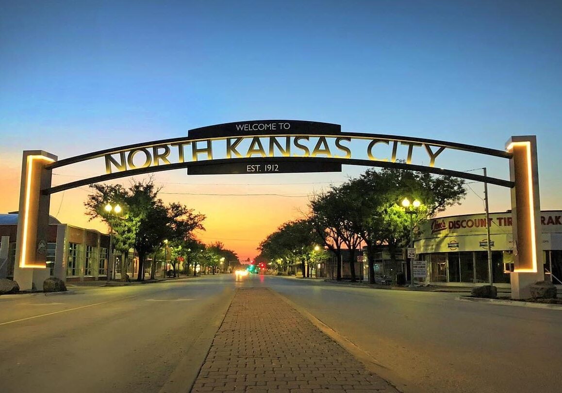 North Kansas City monument sign at sunrise.
