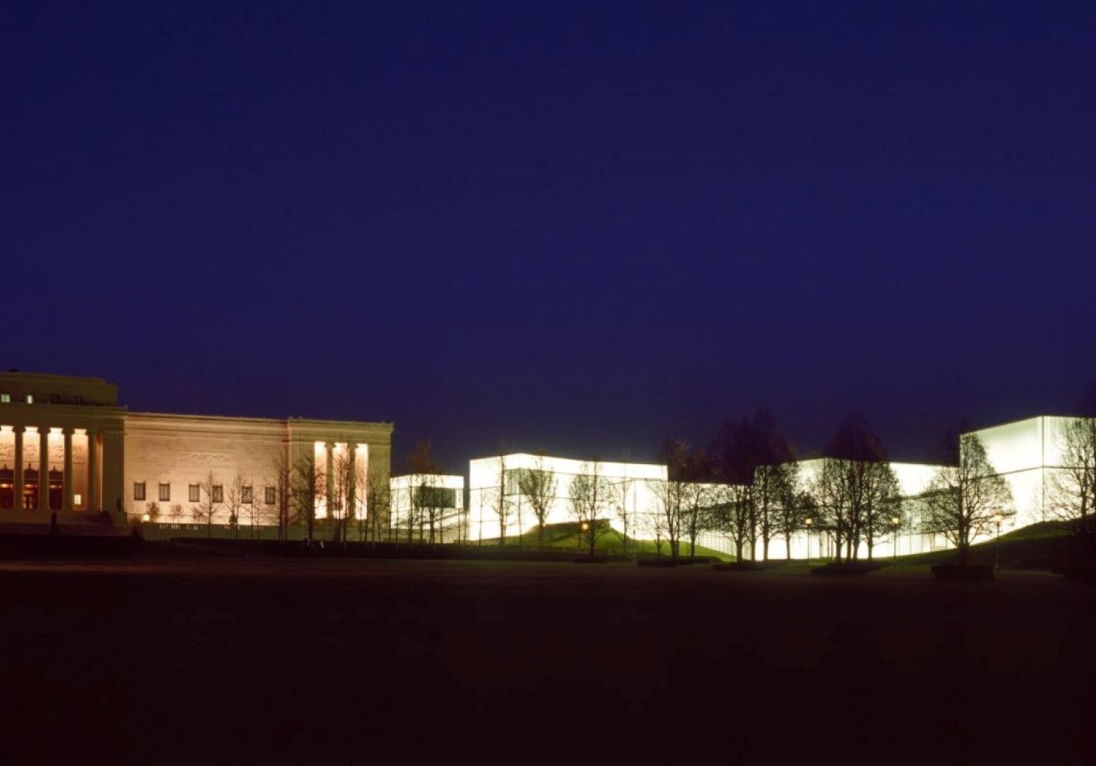 Night view, looking north, of the Nelson-Atkins Museum of Art.