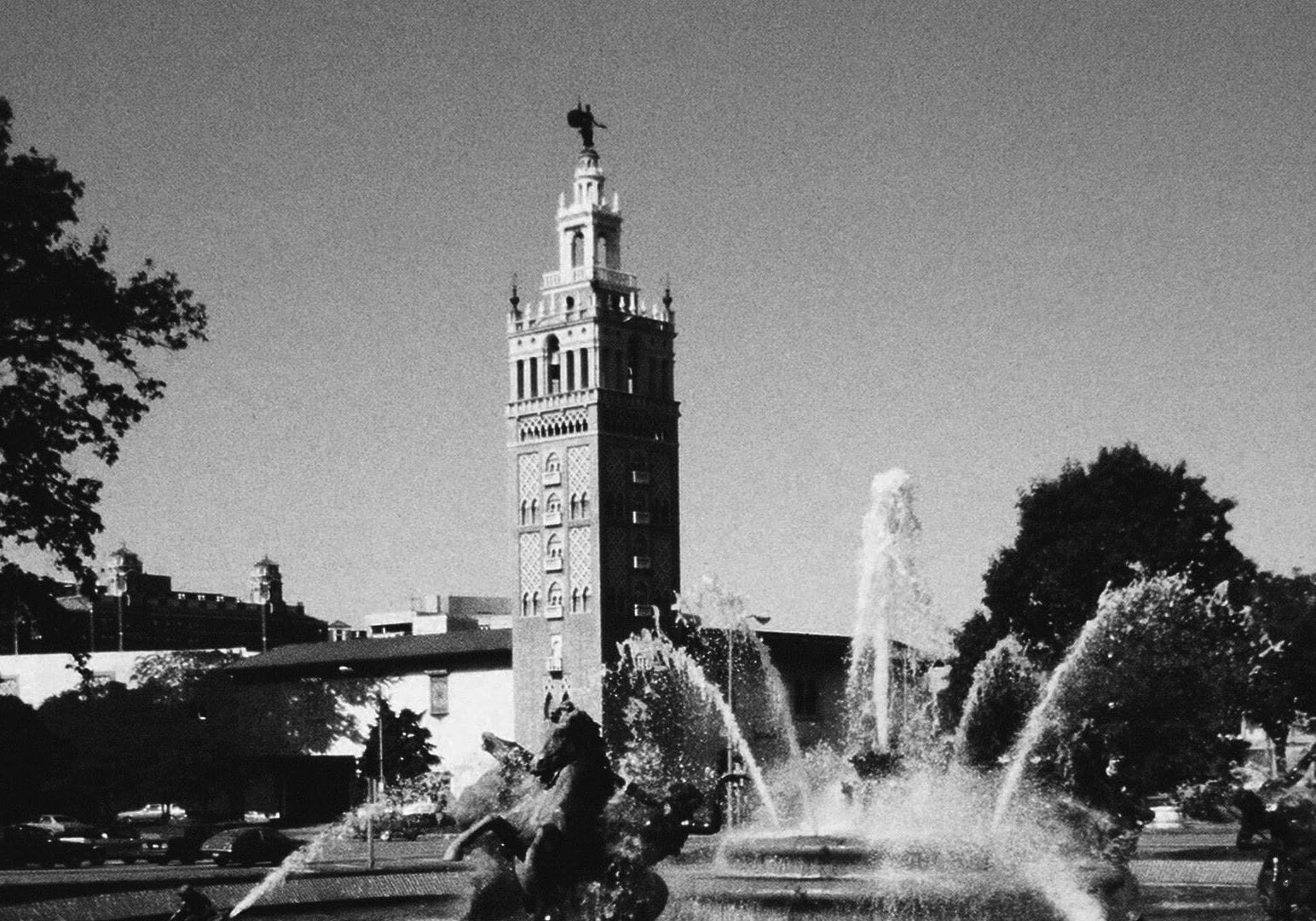The Country Club Plaza with the fountain at Mill Creek Park in the foreground.