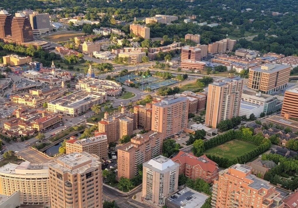 An aerial view of the Country Club Plaza area.