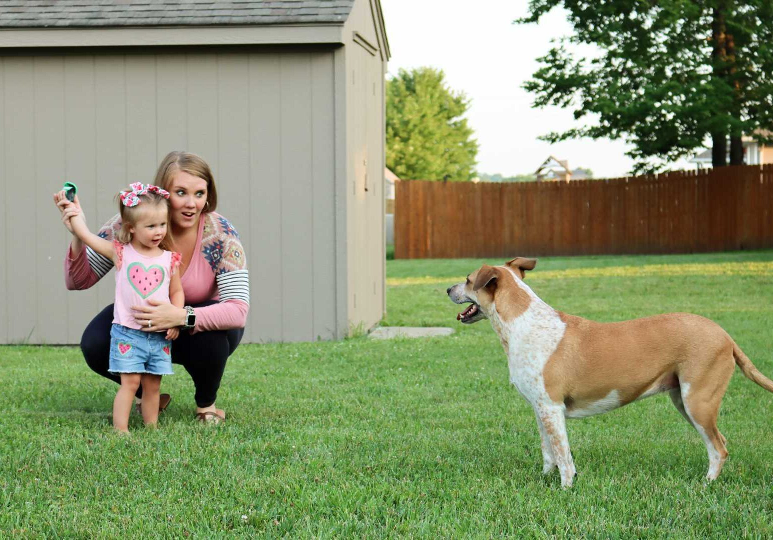 Natalie Eddings plays with her daughter, Noelle (2), and dog, Ginger, in their large, Odessa backyard. The space they gained from the move makes Eddings' commute to the city twice a week well worth it.