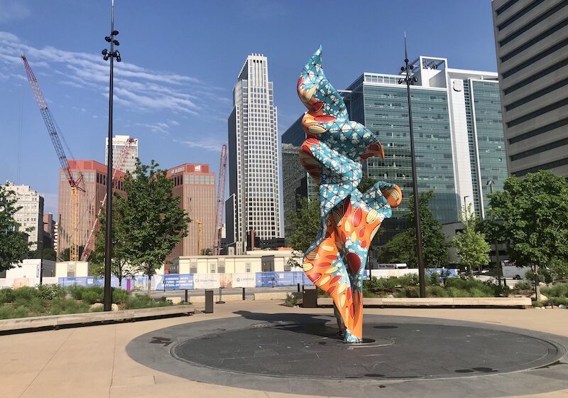 The revamped Gene Leahy Mall in Omaha is across the street from a new skyscraper being built for Mutual of Omaha.