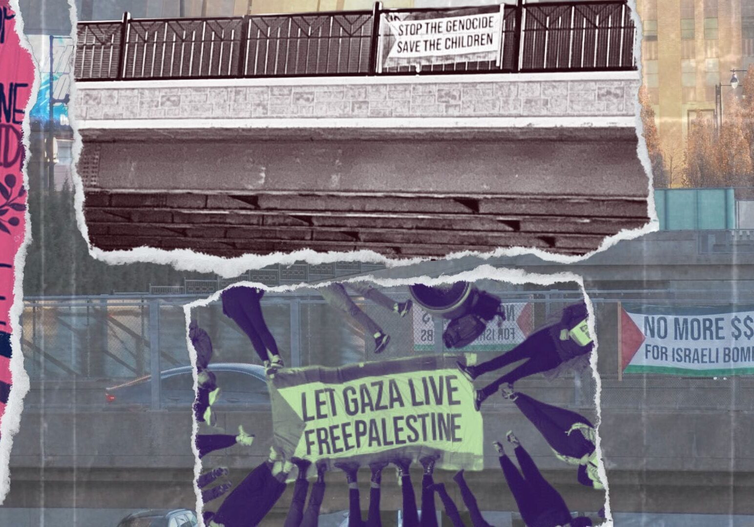 A collage of protest signs supporting Palestinians in Gaza.