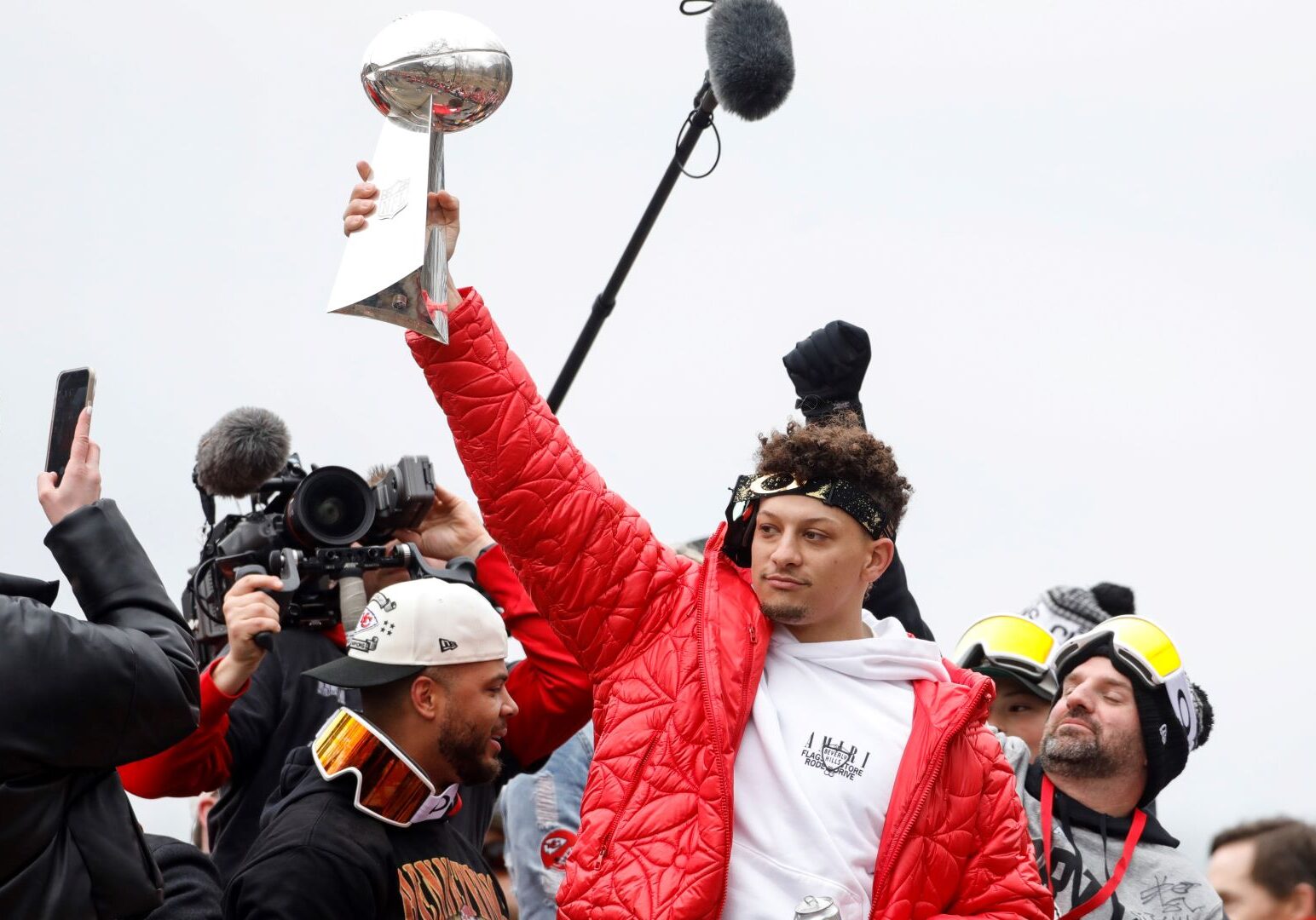 Patrick Mahomes takes part in the Kansas City Chiefs' victory celebration and parade in Kansas City, Missouri, Wednesday, Feb. 15, 2023, following the Chiefs' win over the Philadelphia Eagles Sunday in the NFL Super Bowl 57 football game.