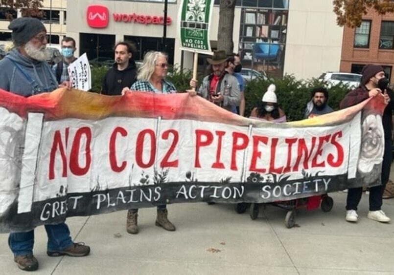 Protestors rally against carbon dioxide pipelines.