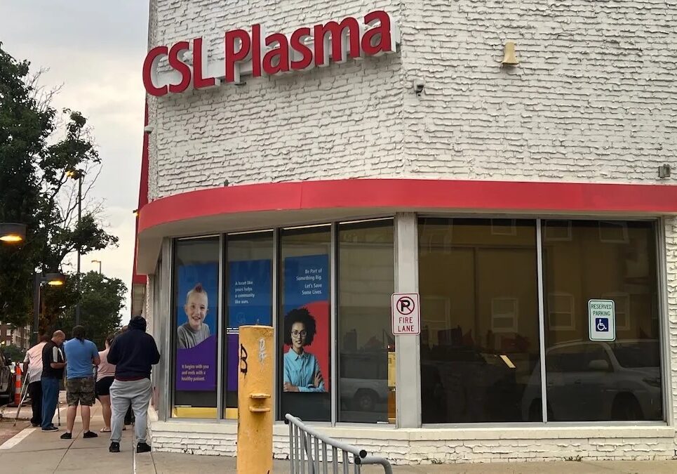 At CSL Plasma on Broadway Boulevard in midtown Kansas City, willing plasma donors line up on a recent day before the center's 6 a.m. opening.