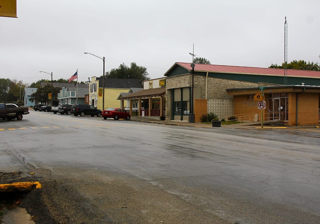 Pottawatomie County has seen a surge of pertussis cases this year, with more than 100 to date. The Pottawatomie County Health Department building, on Main Street in Westmoreland, is at far right. (Photo by Andy Marso/KHI)