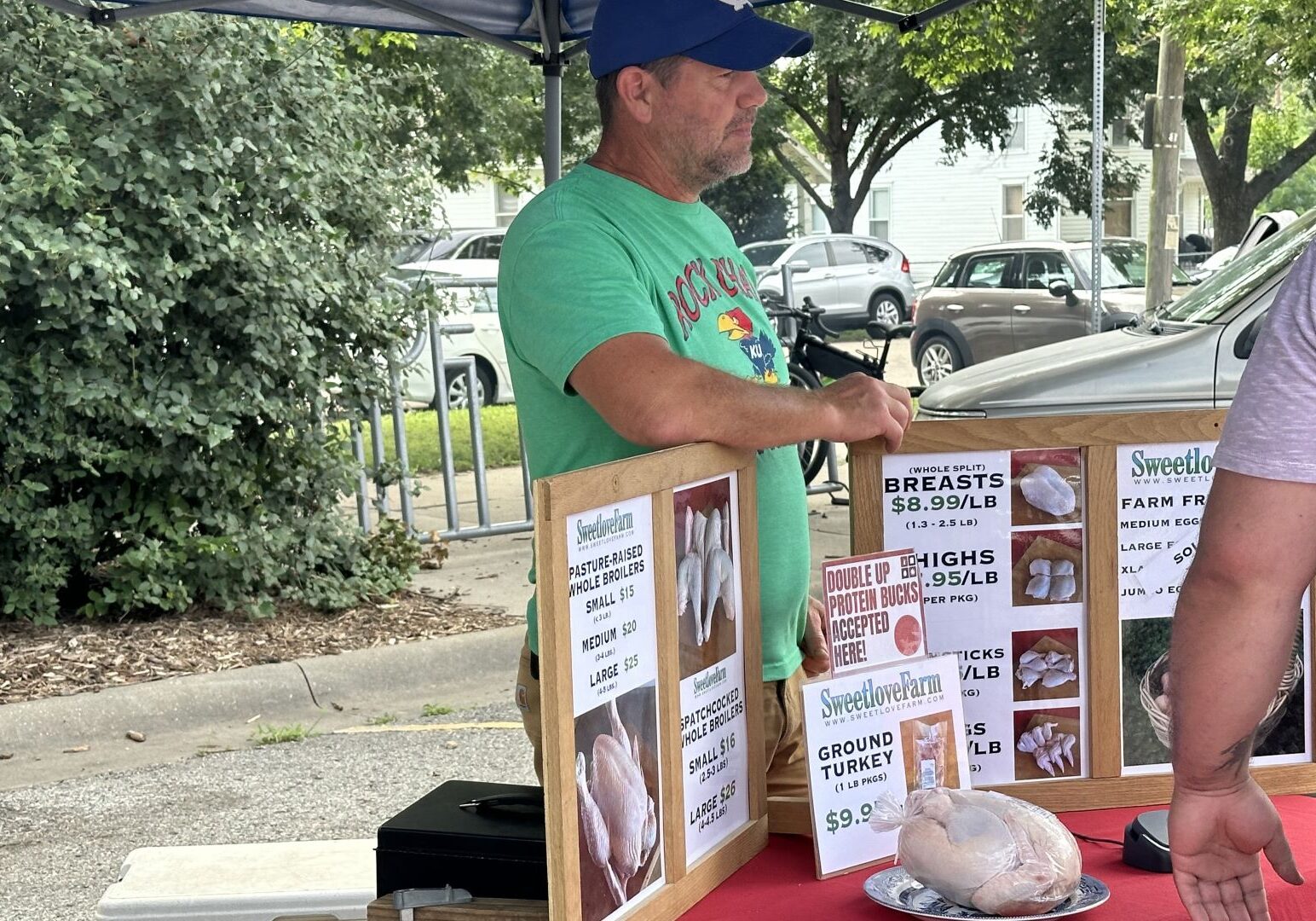 A man stands behind a table with several signs displaying photos and prices of cuts of chicken. In the center, he has a sign that reads "Double Up Protein Bucks Accepted Here!"