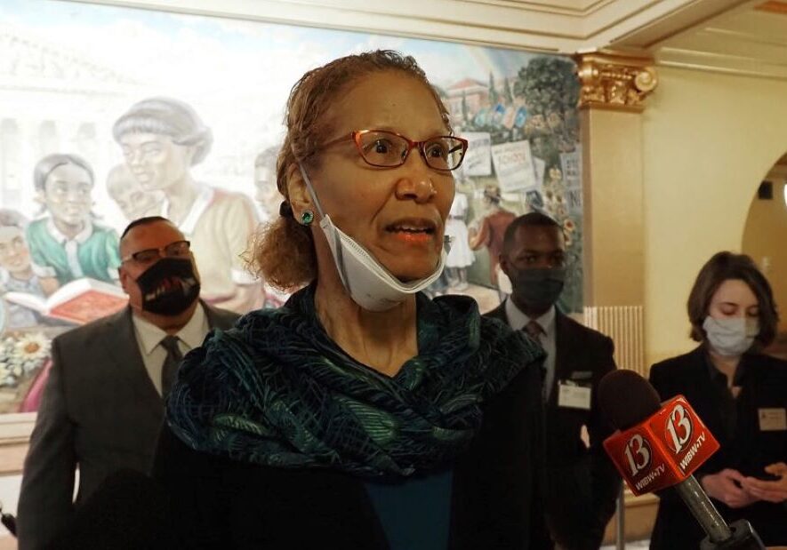 Connie Brown Collins, a Wyandotte County resident, says during a news conference Monday at the Statehouse in Topeka that lawmakers awakened a sleeping lion with their proposal to divide the Kansas City metro area between congressional districts.