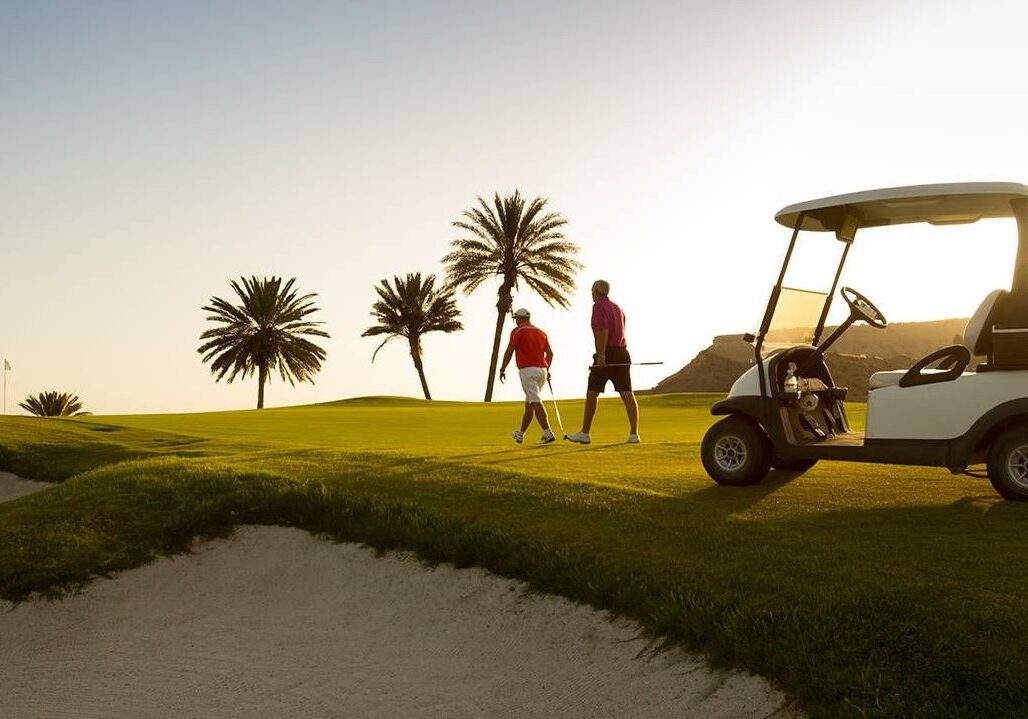 Golfers with palm trees in the background.