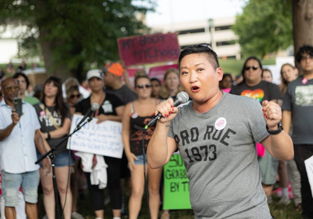 State Rep. Emily Weber, who is running unopposed for reelection in 2022, speaks at a rally after Missouri's HB 126 went into effect.