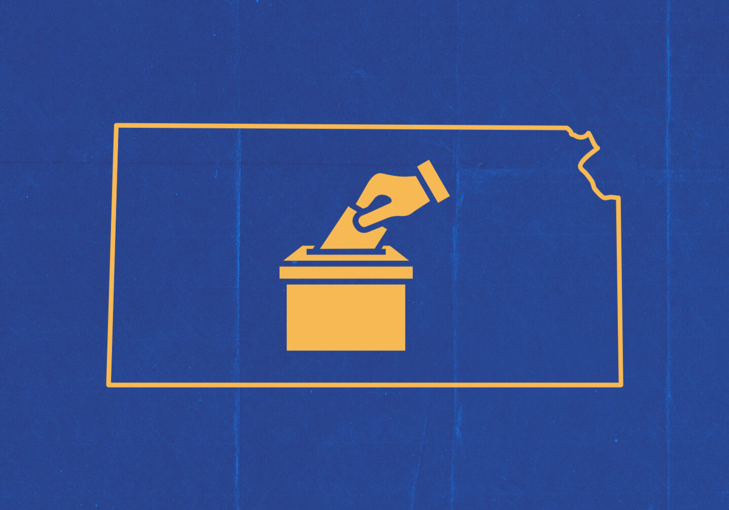 A navy blue background with an orange outline of the state of Kansas with a ballot box inside. On Aug. 2, Kansans will vote on a constitutional amendment that would uphold or remove abortion protections.