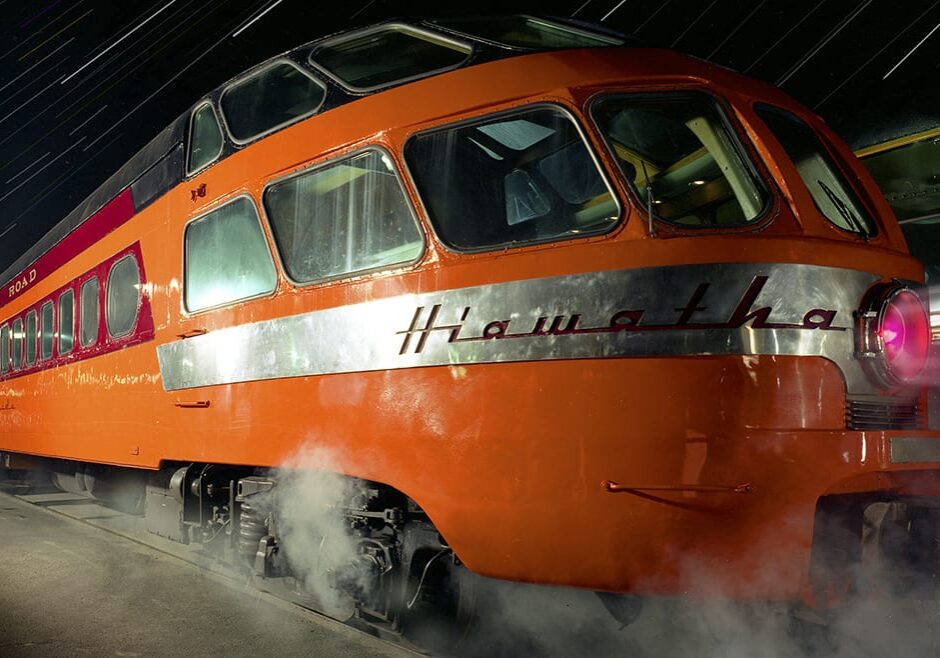 Photographer Roy Inman, who uses vintage flash bulbs in his work, took this photo when the classic Milwaukee Road Skytop Lounge car and a vintage Milwaukee Road passenger cars visited Union Station. (Photo: Roy Inman)