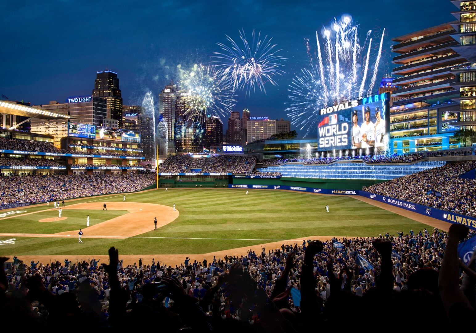 A view of the downtown skyline from inside the proposed Kansas City Royals ballpark.