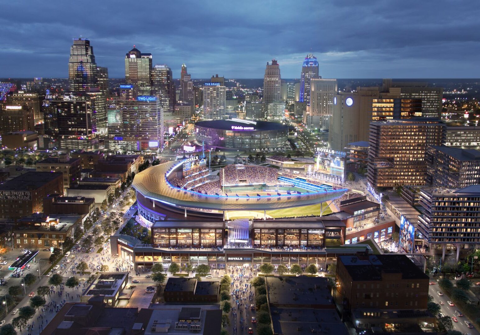 A view looking north from the proposed Kansas City Royals stadium with the downtown skyline in the background.