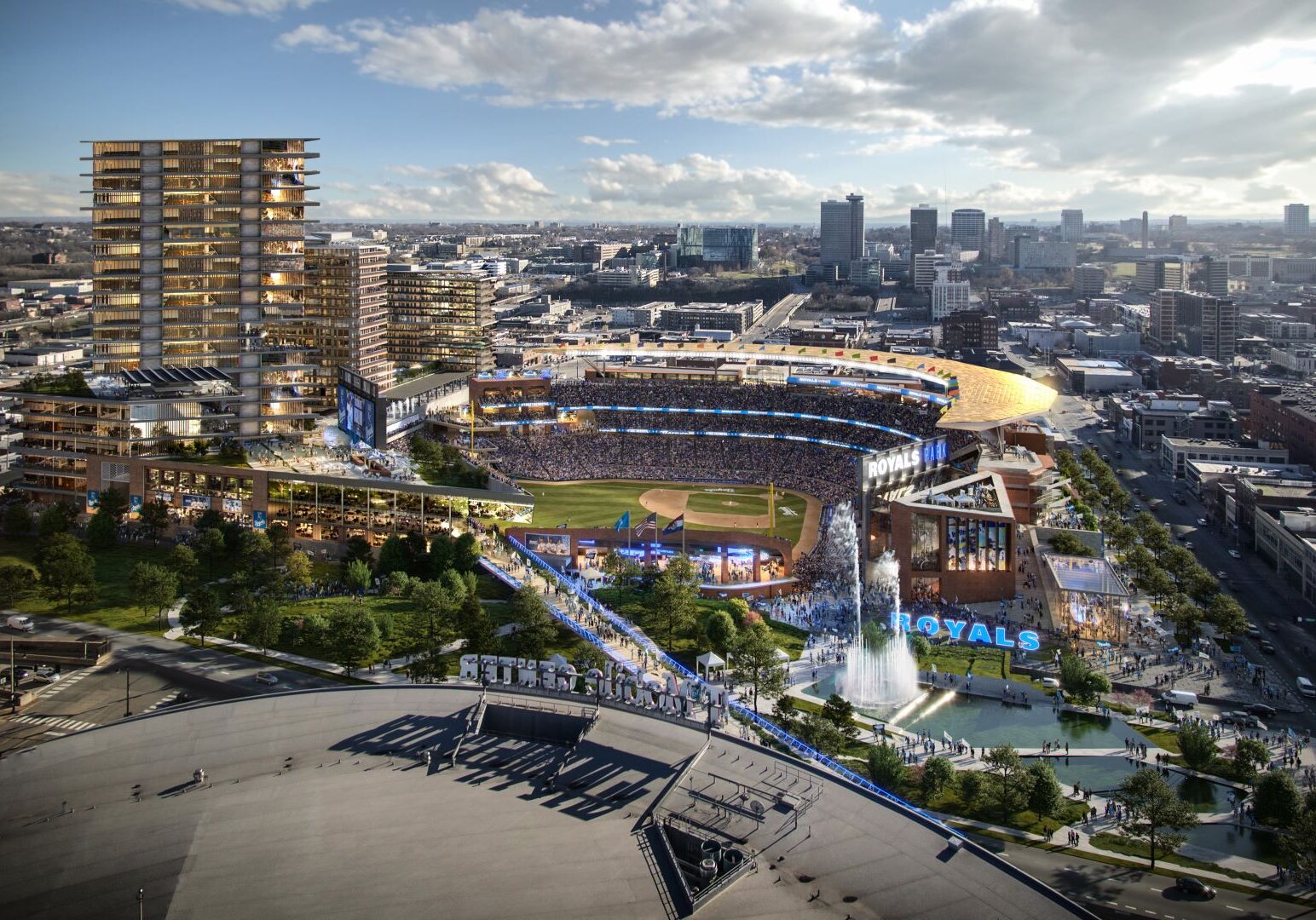 A view looking south from the proposed Kansas City Royals ballpark to the Crossroads and Crown Center.